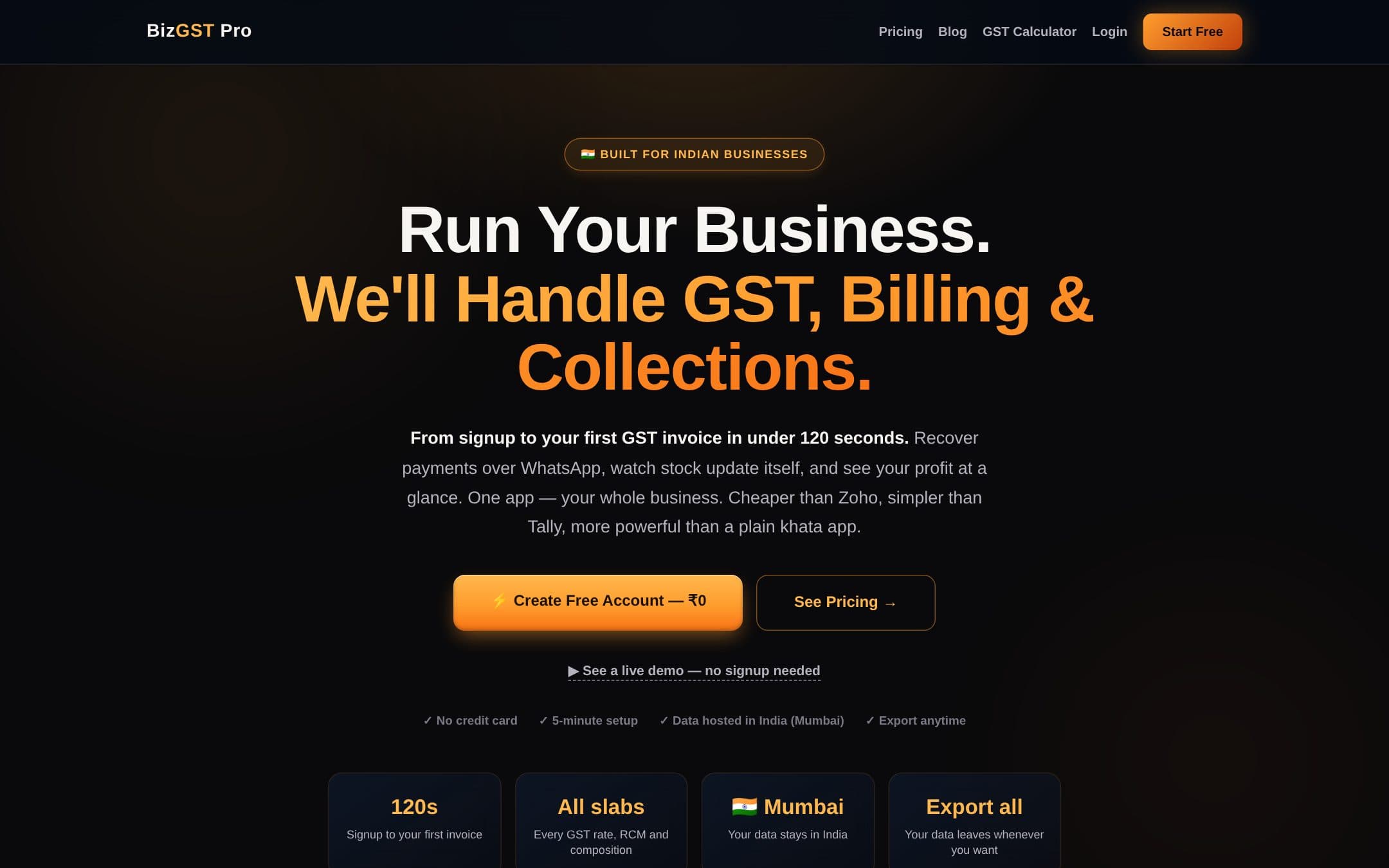 BizGST Pro — the live interface at bizgstpro.com